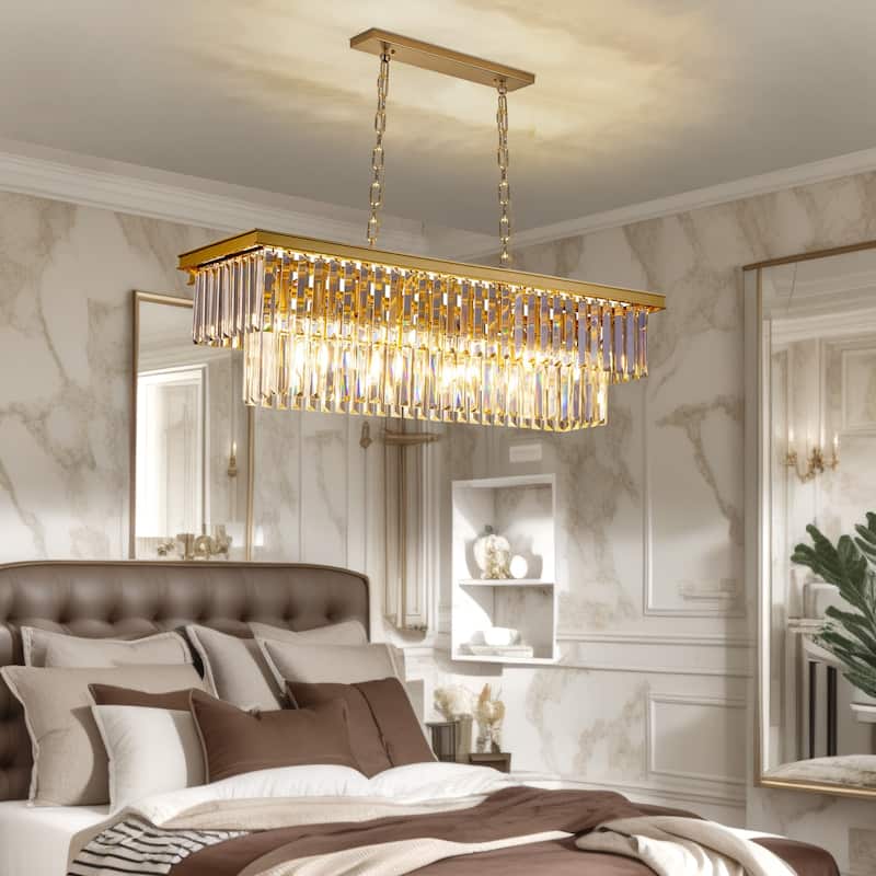 Gold Rectangle Crystal Chandelier, Luxury Pendant Light for Dining Room, Bulbs Included