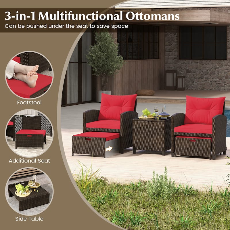 Gymax Set of 5 Rattan Furniture w/ 2 Wicker Ottomans & Tempered Glass