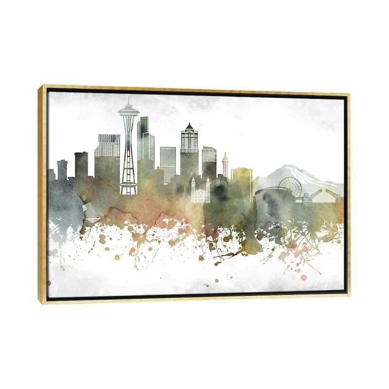 iCanvas "Seattle Skyline" by WallDecorAddict Framed Canvas Print - Gold - 32x48