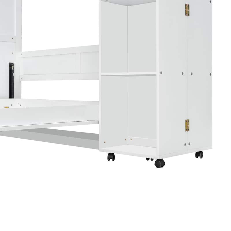 Queen Size Murphy Bed with Cabinets, Storage Wall Bed with Movable Bookcase, Wood Folding Bed Frame