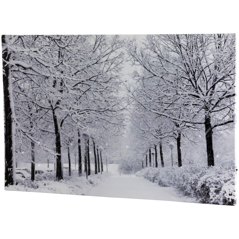Fiber Optic Lighted Snowfall Winter Lane Christmas Canvas Wall Art 11.75" x 15.75"