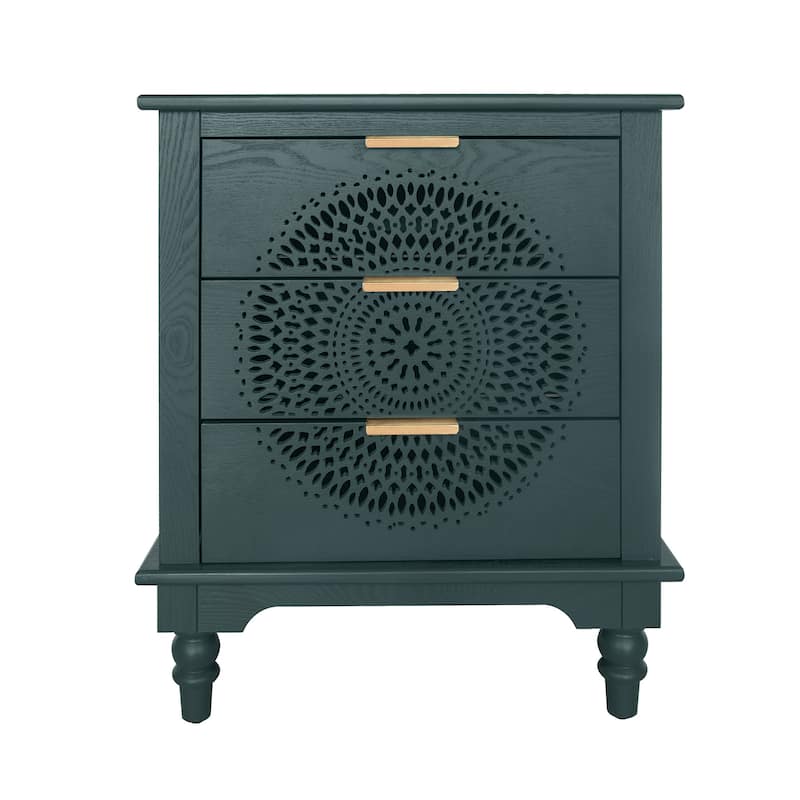 Roomfitters Hollow Carved 3 Drawer Dresser, Accent Storage Cabinet with Metal Handles, Green