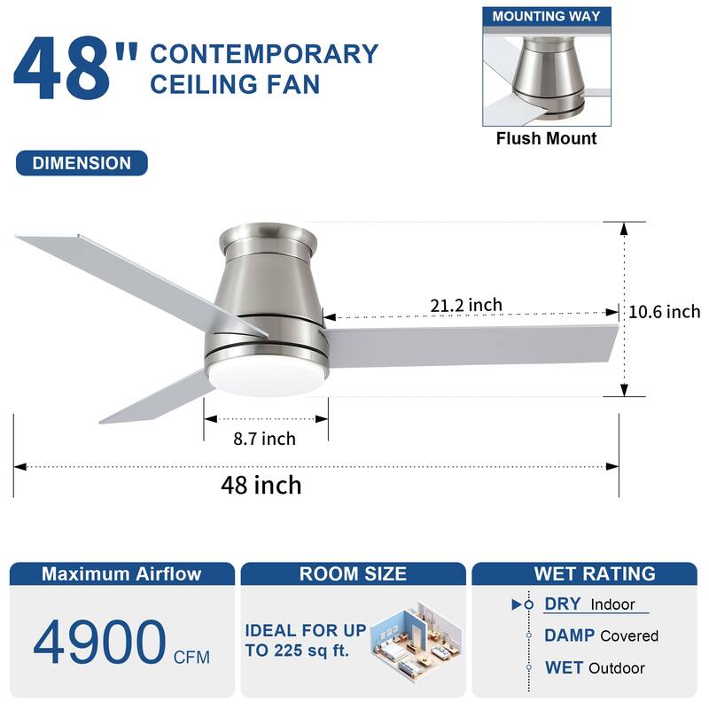 YUHAO AeroLite 48 in. Indoor White Low Profile Standard Ceiling Fan with Bright White Integrated LED Light Kit, Remote Included