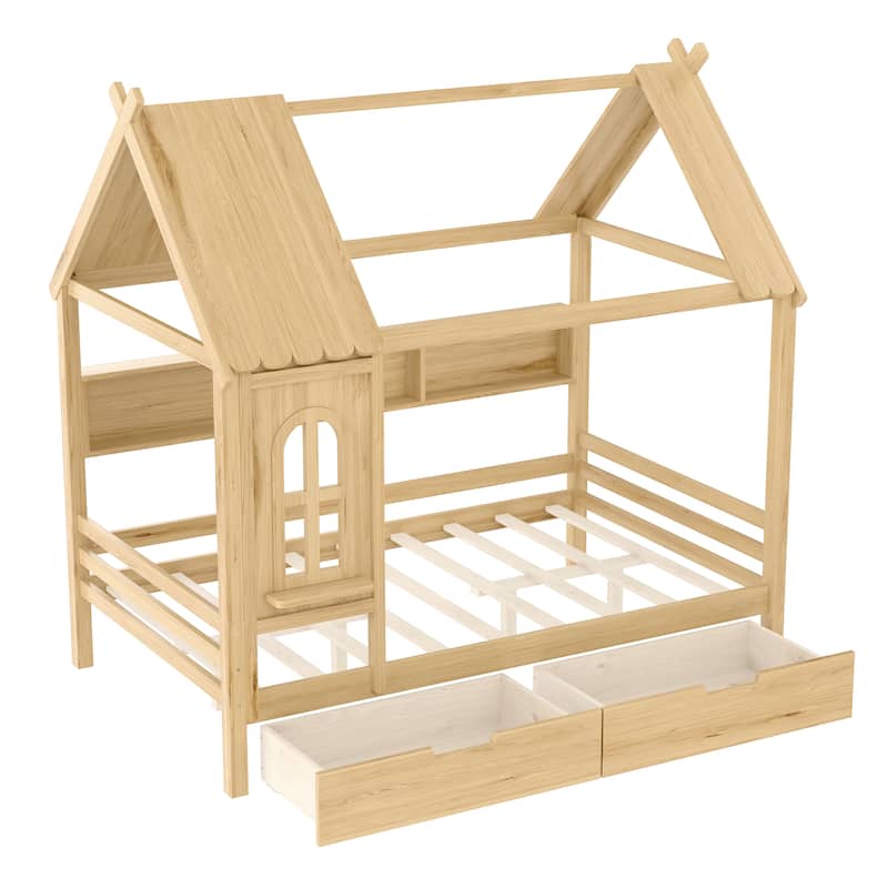 Charming House Bed for Girls, Boys Low Platform Bed Frame with Under-bed Drawers, Storage Shelves, Window and Roof