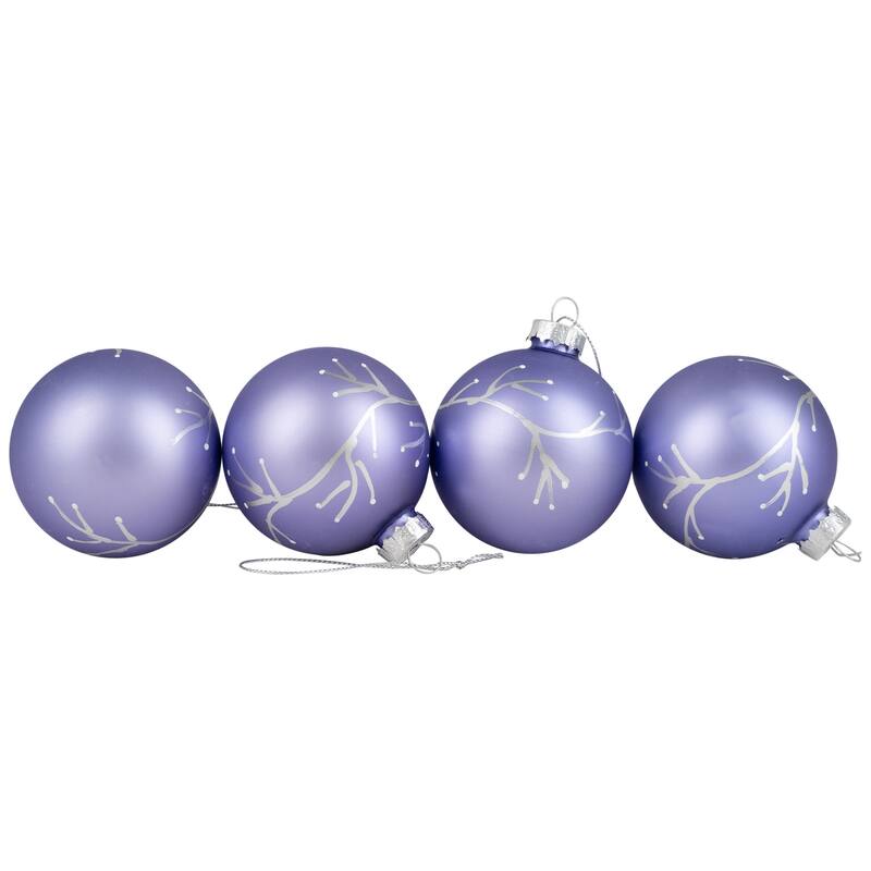 4Ct Matte Purple Glass Ball Christmas Ornaments Branch Design 2.5"