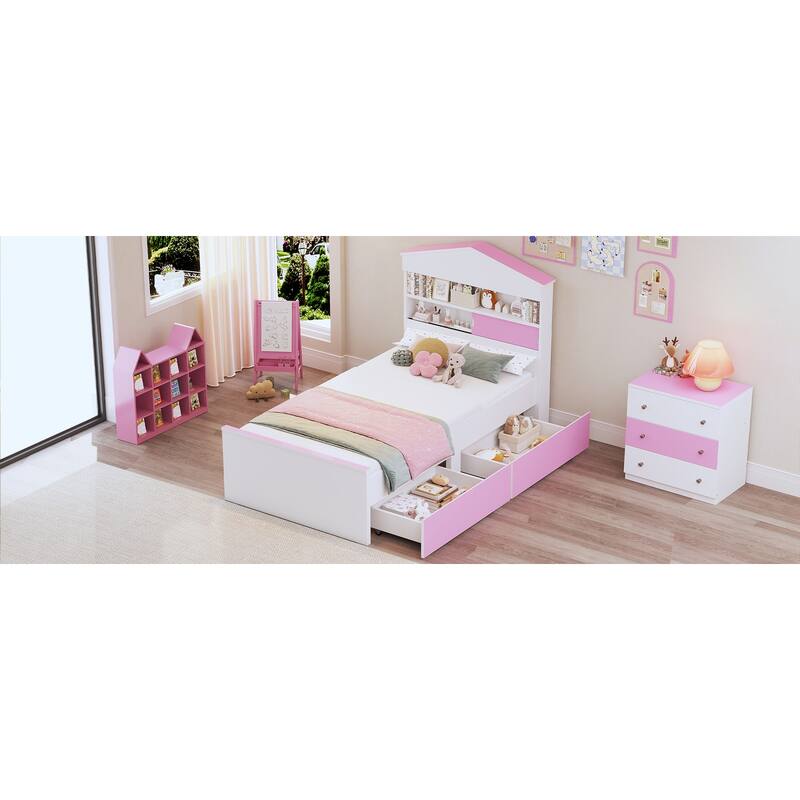 Twin Size House-Shaped Wooden Bed with Storage Shelf on the Headboard, Built-in Two Storage Drawers