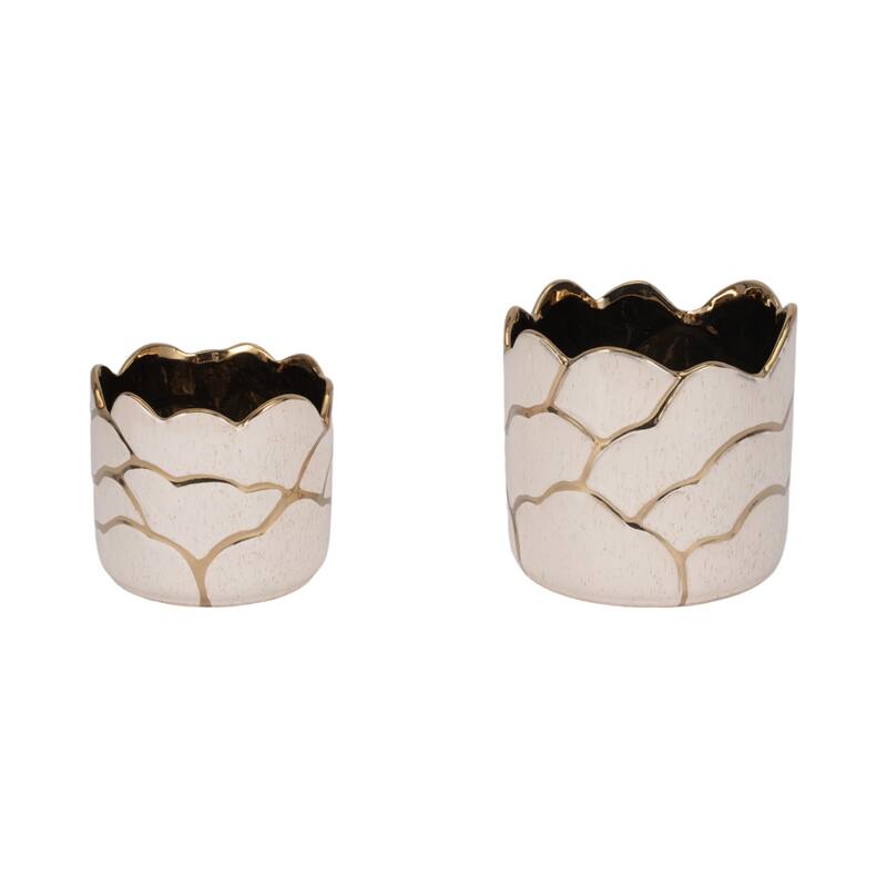 Ceramic Planters Wavy Rim Embossed Metallic Detailing (Set of 2)