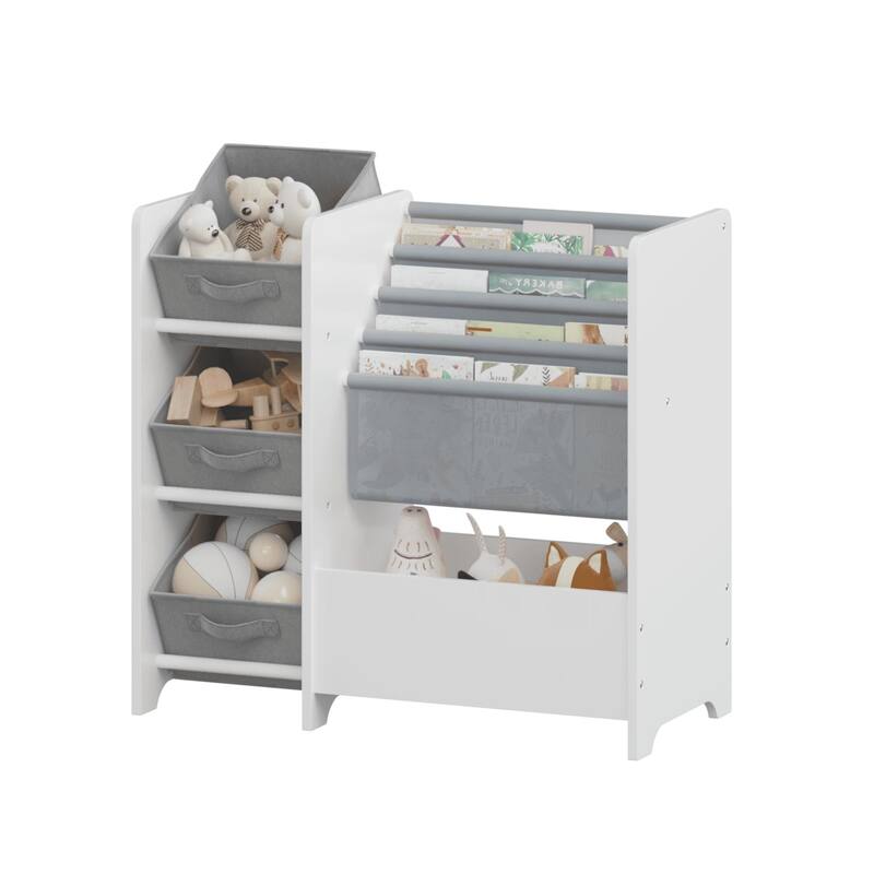 Multifunctional 4 Tier Kids Book Shelf with 3 Collapsible Fabric Drawers