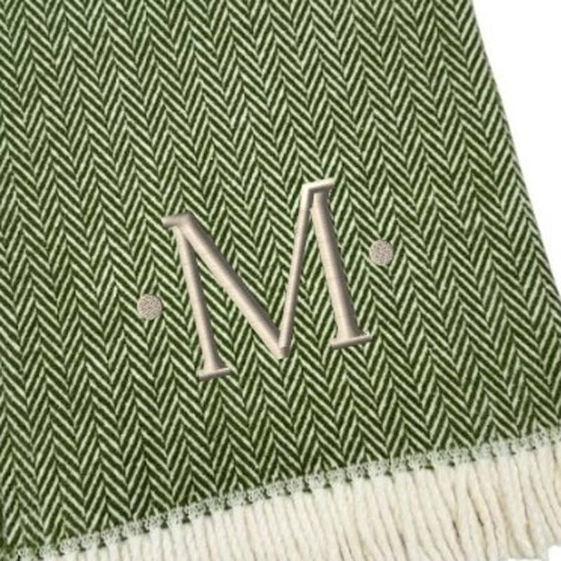 HomeRoots 55" X 70" Moss Green And White Herringbone Cotton Blend M Initial Throw Blanket with Tassels And Embroidery