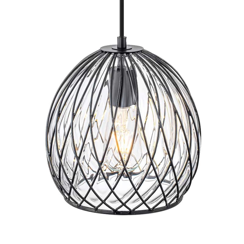 Modern Matte Black Pendant Light with Globe Glass & Wire Cage Kitchen - Dia.8.66-in