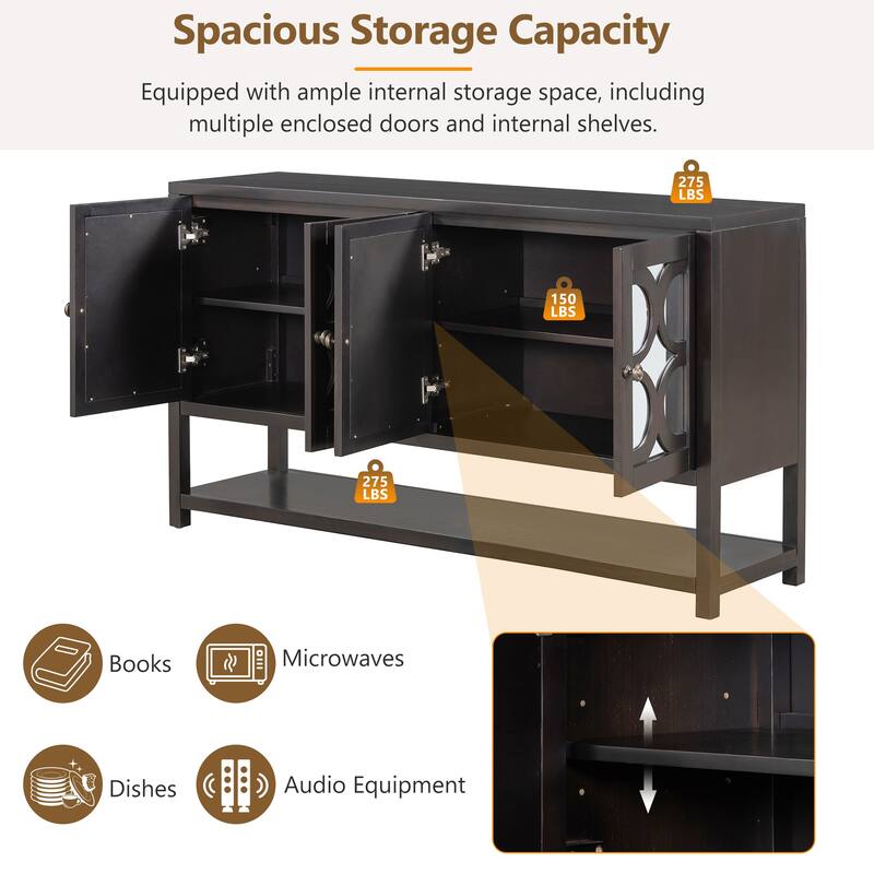 60" Retro Wooden Console Table Storage Cabinet with Mirrored Doors, Spacious Shelves and Acacia Wood Legs