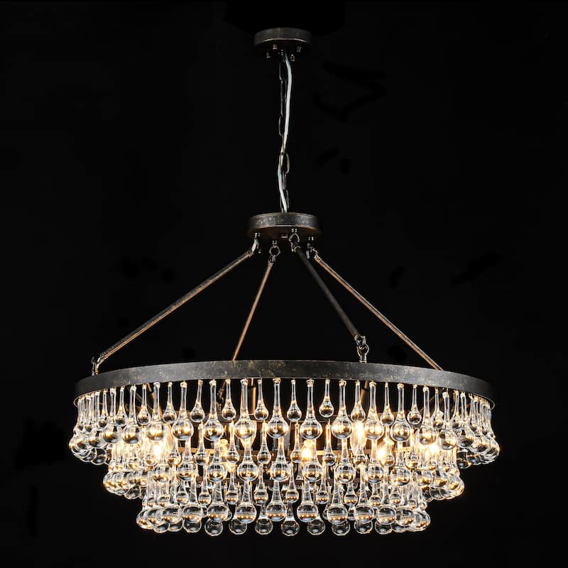 10-Light Modern Glam 31.5" 3-Tier Black Round Distressed Crystal Chandelier for Living Room