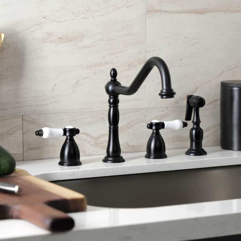 Kingston Brass Heritage Porcelain Kitchen Faucet with Side Spayer - 16'' (L) x 9-1/16'' (W) x 9-3/8'' (H)