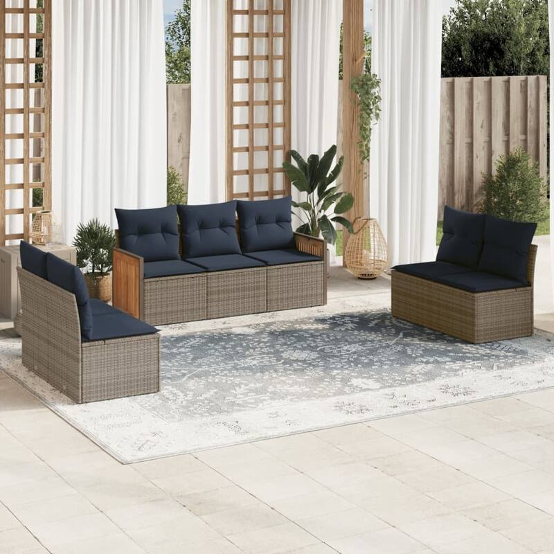 vidaXL 7/8 Piece Patio Sofa Set with Cushions Black/Gray Poly Rattan - 21.7 x 24.4 x 27.2 - Gray Without table