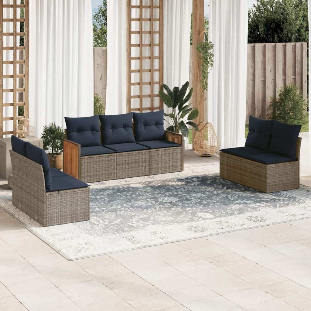 vidaXL 7/8 Piece Patio Sofa Set with Cushions Black/Gray Poly Rattan - 21.7 x 24.4 x 27.2
