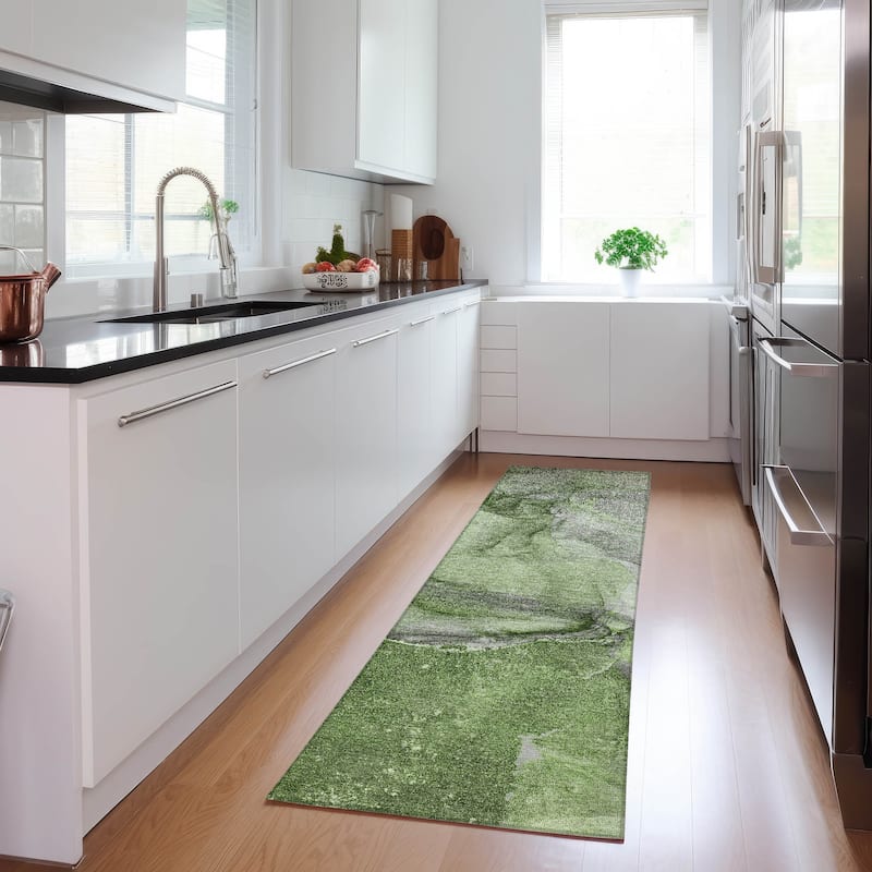 Machine Washable Indoor/ Outdoor Abstract Chantille Rug - Olive - 2'3" x 7'6"