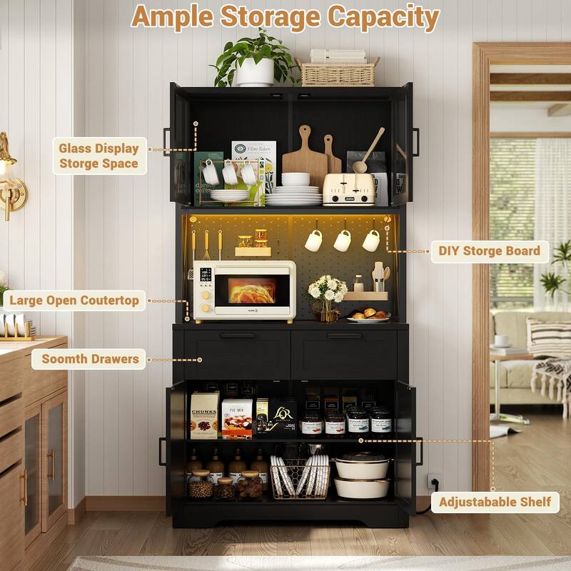 71" Kitchen Pantry Storage Cabinet with LED Light & Power Outlet, Freestanding Buffet Cabinet with Microwave Stand and Doors