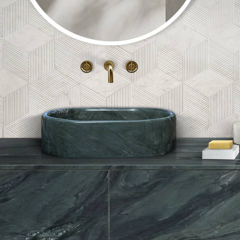Roomfitters Marble Bathroom Vessel Sink, Natural Stone Countertop Wash Basin, Polished Oval Vanity Sink