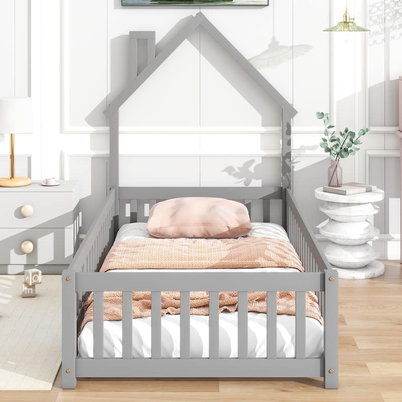 Twin House-Shaped Headboard Floor Bed with Fence