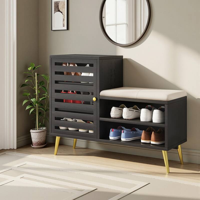 Javlergo L-Shaped Entryway Bench with Shoe Storage PU Cushion & Magnetic Shutter Door Hall Bench with Gold Legs for Living Room