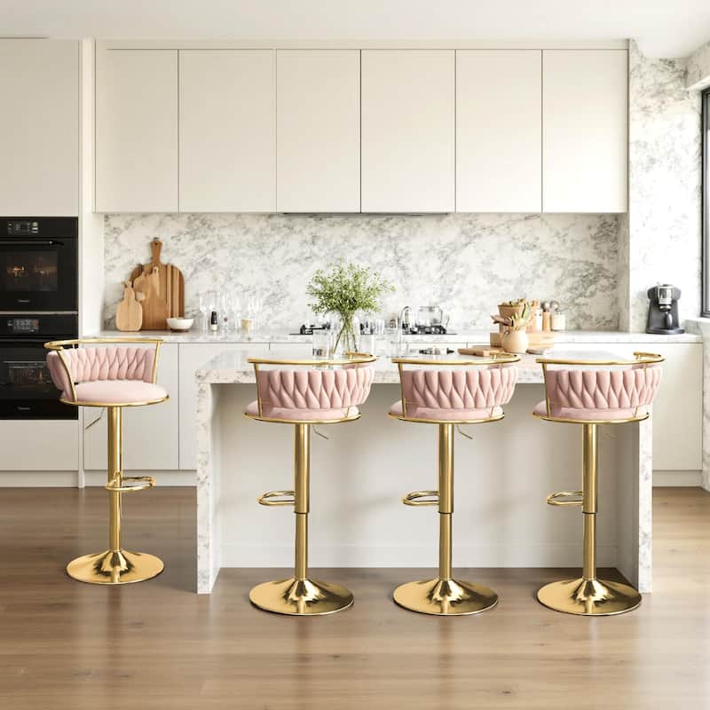 Velvet Upholstered Adjustable Bar Stool Swivel Counter Chair Set of 2 - Pink/Gold - Set of 4