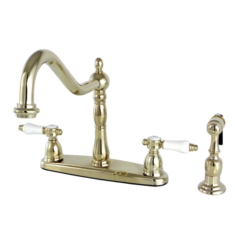 Kingston Brass Vintage Porcelain 8-inch Centerset Kitchen Faucet with Side Sprayer - Polished brass