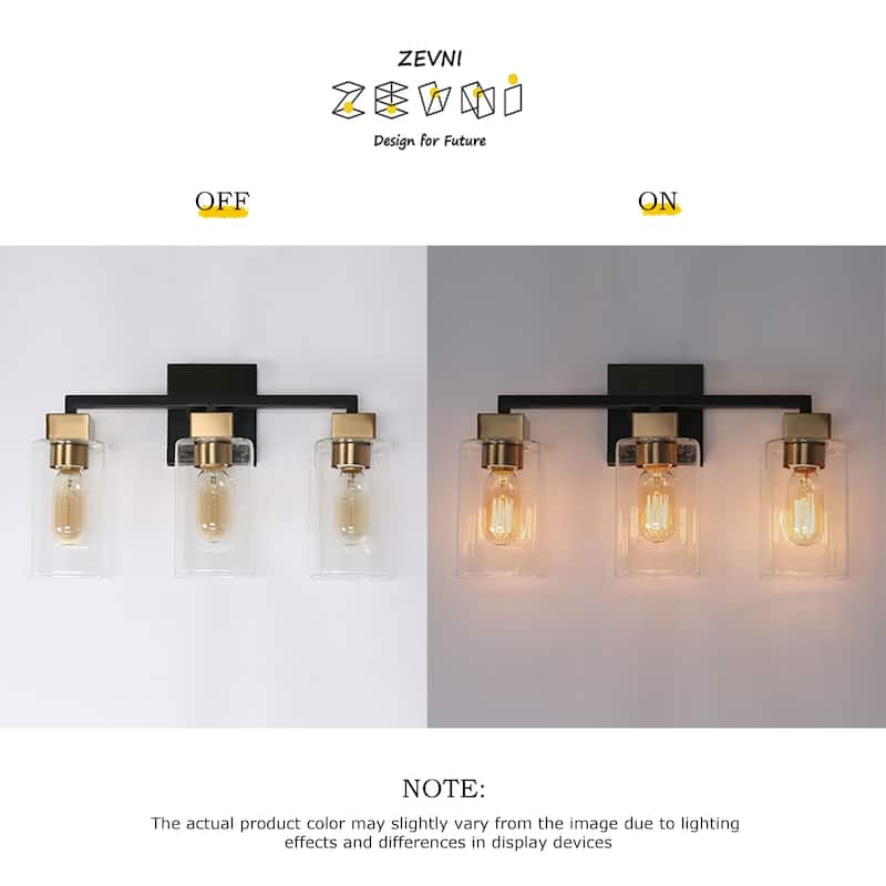 Modern 3-Light Black Gold Square Glass Bathroom Vanity Light Linear Wall Sconces