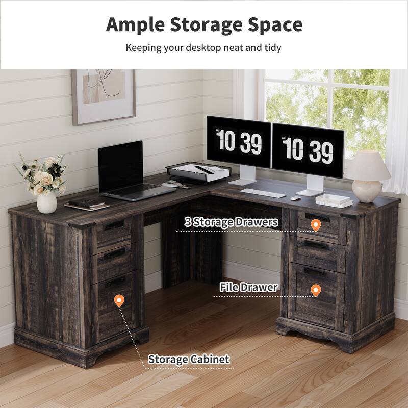 L Shaped Desk Set of 2, Wood Office Desk with Charging Station