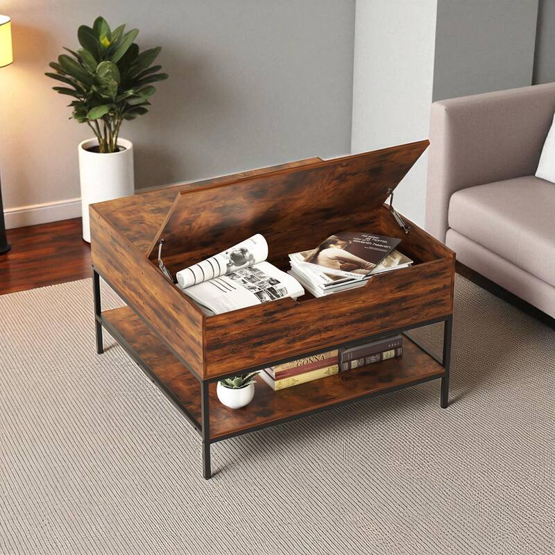 Flip-Top Coffee Table with Storage - 31.5" Lift-Top Rectangular Table with Hidden Compartment & Shelves