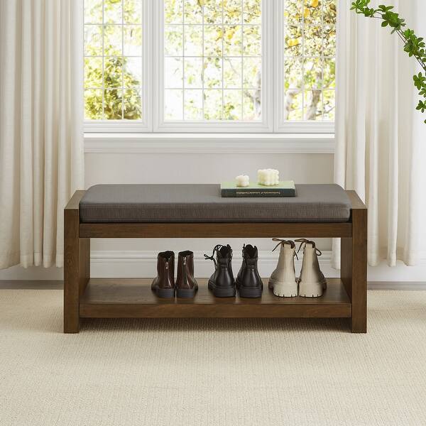 slide 2 of 25, 40"Accent Bench with Lower Shelf Shoe Rack, Padded Seating Bench, Modern Compact Bed End Bench with Storage, Removable Cushion Granite