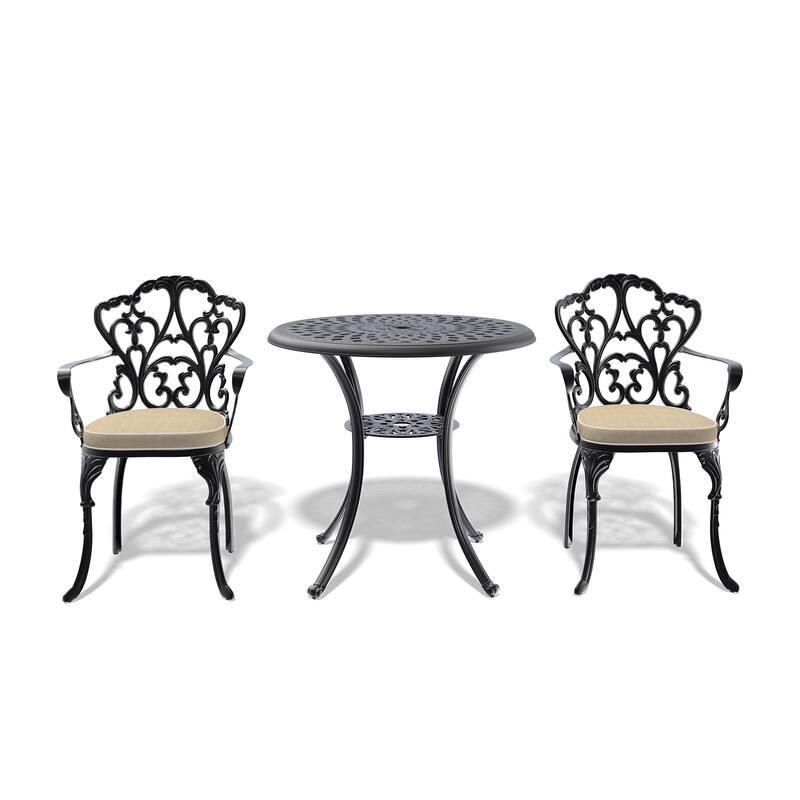 3/5-Piece Cast Aluminum Outdoor Dining Set with 30.71 in. Round Table and Random Color Cushions