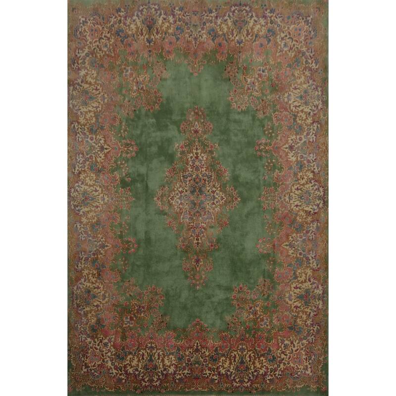 Hand Knotted Oriental 100% Wool Carpet Traditional Floral Green Kerman Area Rug - 11' 9'' X 8' 6''