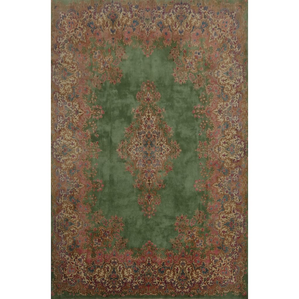 Hand Knotted Oriental 100% Wool Carpet Traditional Floral Green Kerman Area Rug - 11' 9'' X 8' 6''