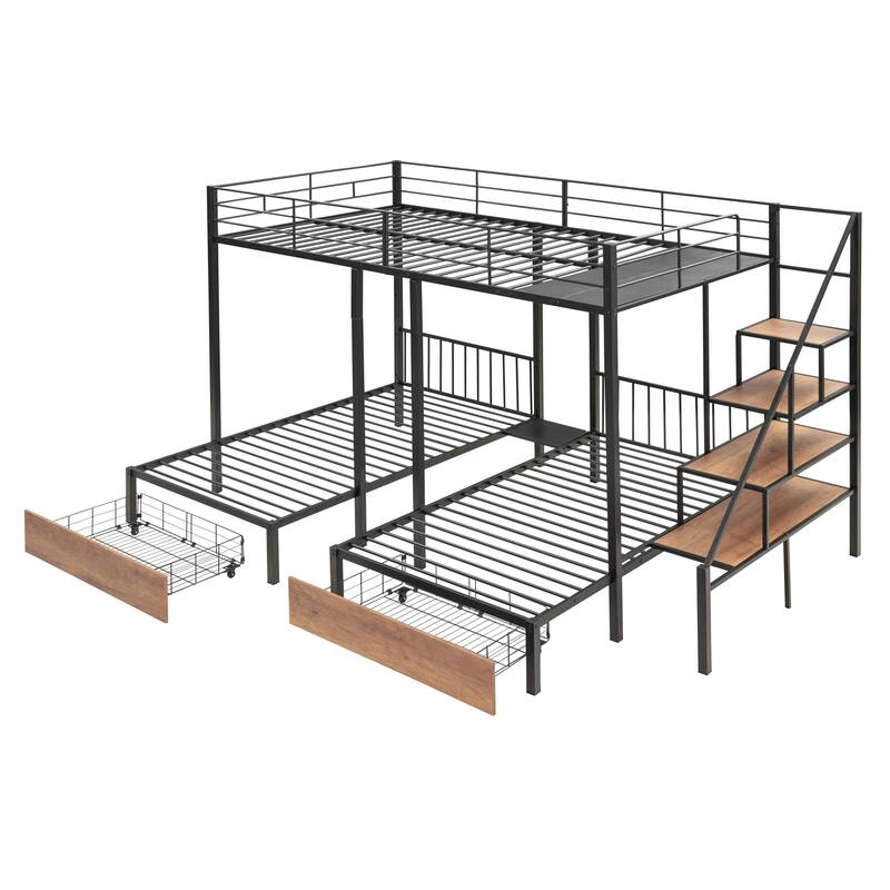 Triple Bed with Full + Twin Layout, Stair Storage & Drawers - Black Metal Construction
