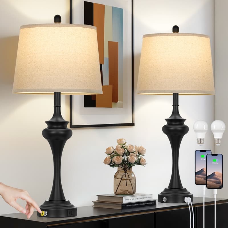 30'' Modern Table Lamps with USB & Type-C Ports, Oatmeal Fabric Shade & Metal Base (Set of 2) - 13''x13''x30 - Black