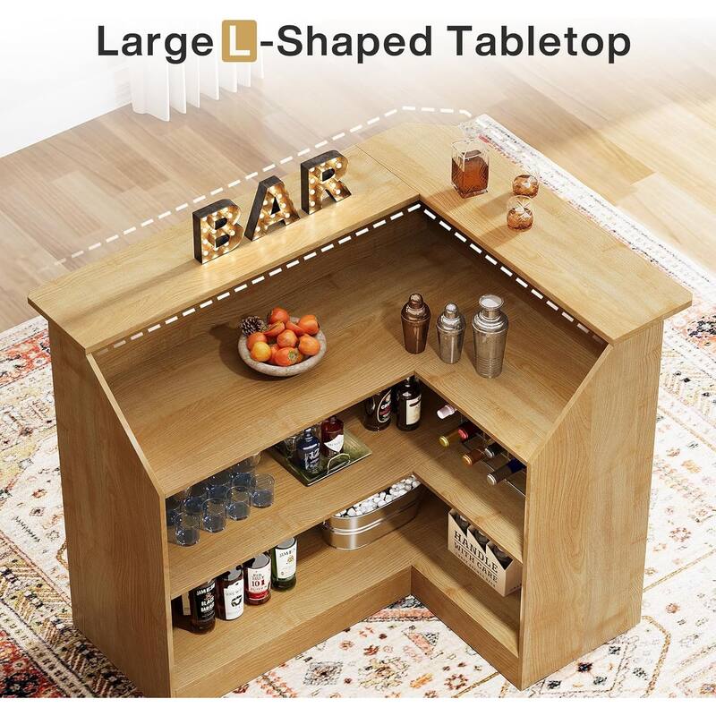 Black Wood L-Shaped Bar Cabinet, 4-Tier Corner Bar