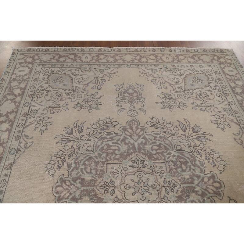 Hand Knotted Oriental 100% Wool Carpet Traditional Floral Beige & Ivories Tabriz Area Rug - 9' 2'' X 6' 9''