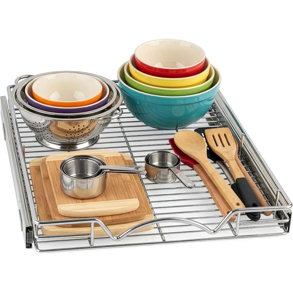 Pull Out Cabinet Drawer Organizer, Heavy Duty- Steel Metal- Chrome Finish