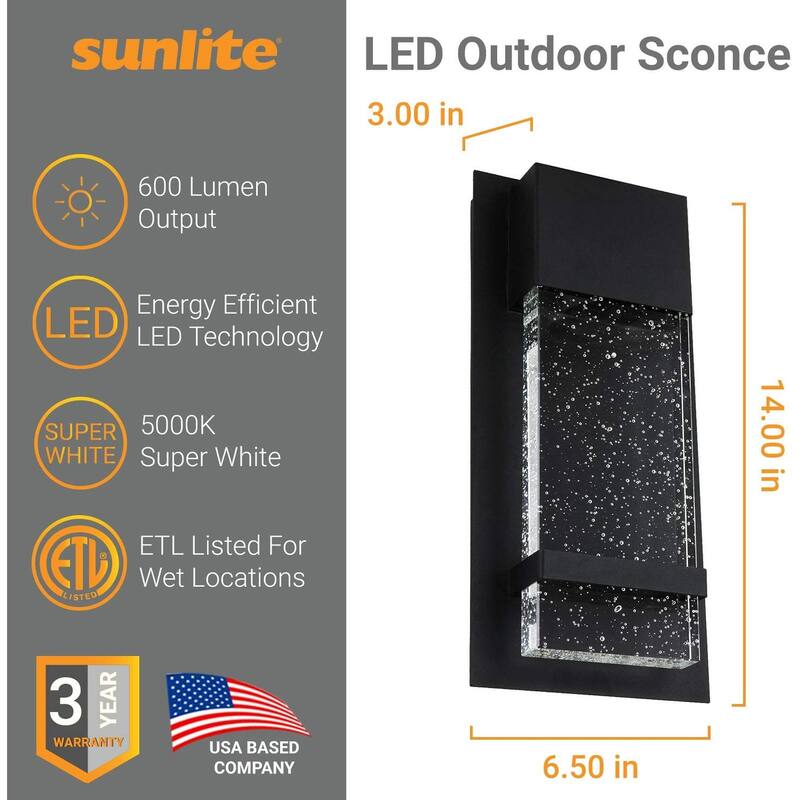 Sunlite 6.5 in. Wide Black LED Warm White (3000K) Modern Indoor Outdoor Wall Sconce with Rain Glass Panel