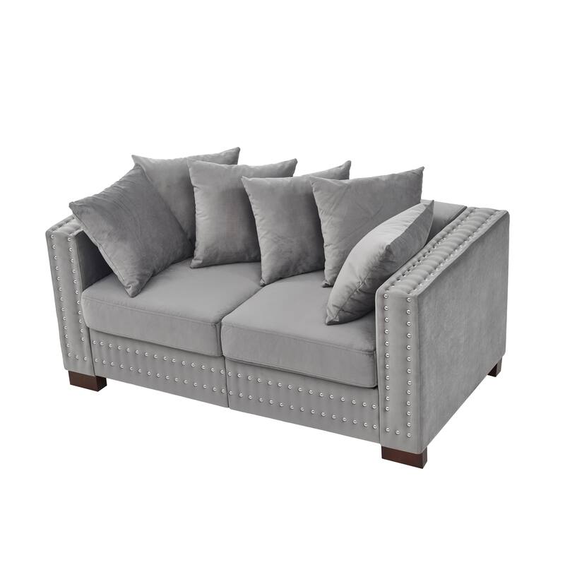 Velvet Loveseat Sofa with Storage, Comfy Upholstered Deep Seat Sofa, 2-Seater Sofa with Nailhead Trim & 6 Throw Pillows