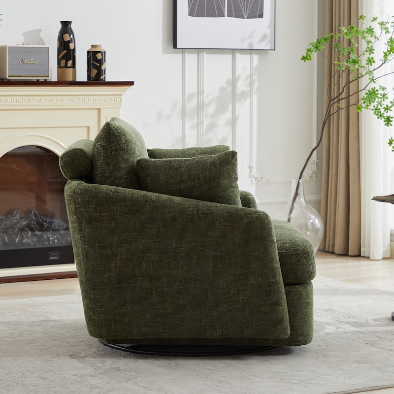 Chenille Upholstered Swivel Accent Chair, Cozy Club Chair with 2 Thorw Pillows, Oversized Lounge Armchair with Metal Base