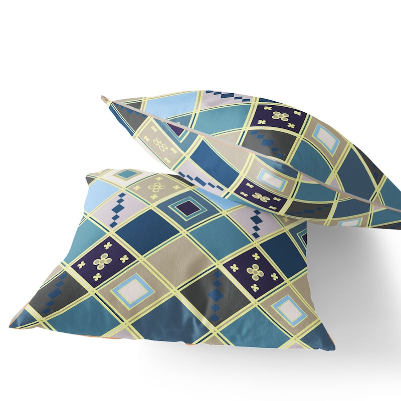 HomeRoots Set of Two 16" X 16" Blue and Gold Blown Seam Diamond Indoor Outdoor Throw Pillow - 16.00' X '16.00' X '5.00