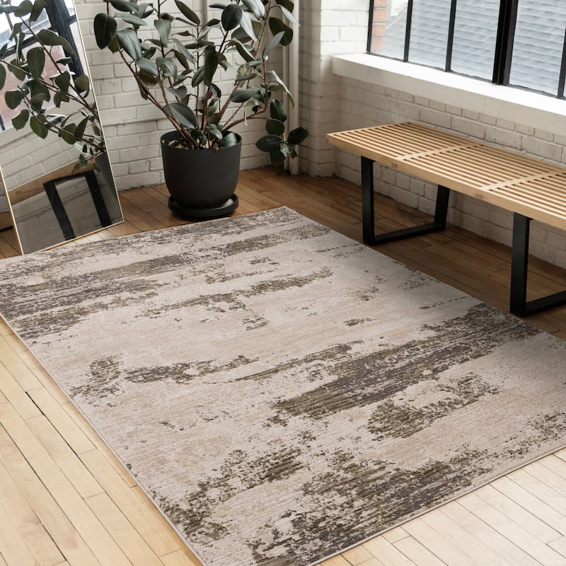 White Green Grey Distressed Textured High-Traffic Rug