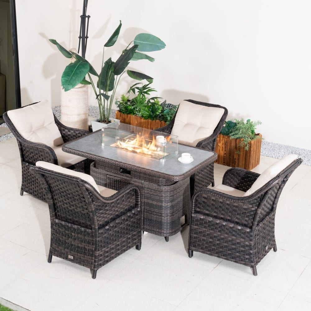 Outdoor Wicker Height-Adjustable Fire Pit Table Set with Rattan Chairs