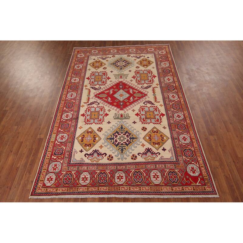 Hand Knotted Oriental 100% Wool Carpet Traditional Geometric Yellow & Gold Kazak Area Rug - 9' 8'' X 6' 5''