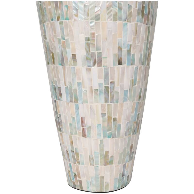 White Mother of Pearl Shell Handmade Mosaic Inspired Decorative Vase with Pastel Blue and Pink Accents