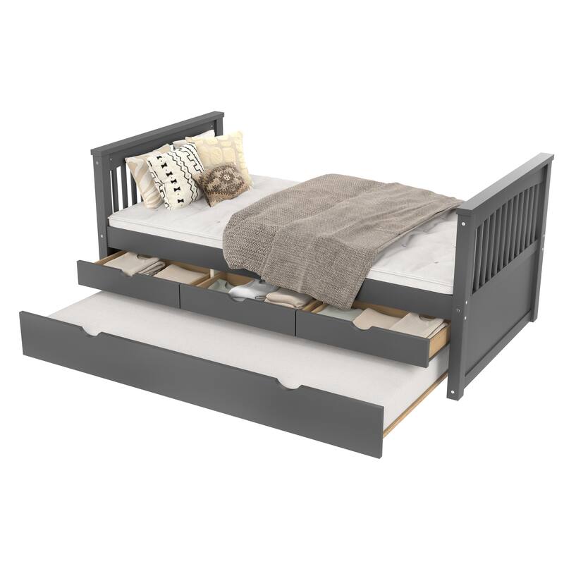 Twin Platform Bed with Drawers and Trundle, Solid Wood Daybed, No Spring Box Needed