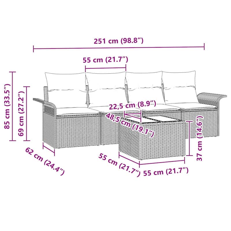 vidaXL 5-Seater Garden Sofa with Cushions Black/Brown/Grey Poly Rattan - 24.4 x 98.8 x 27.2