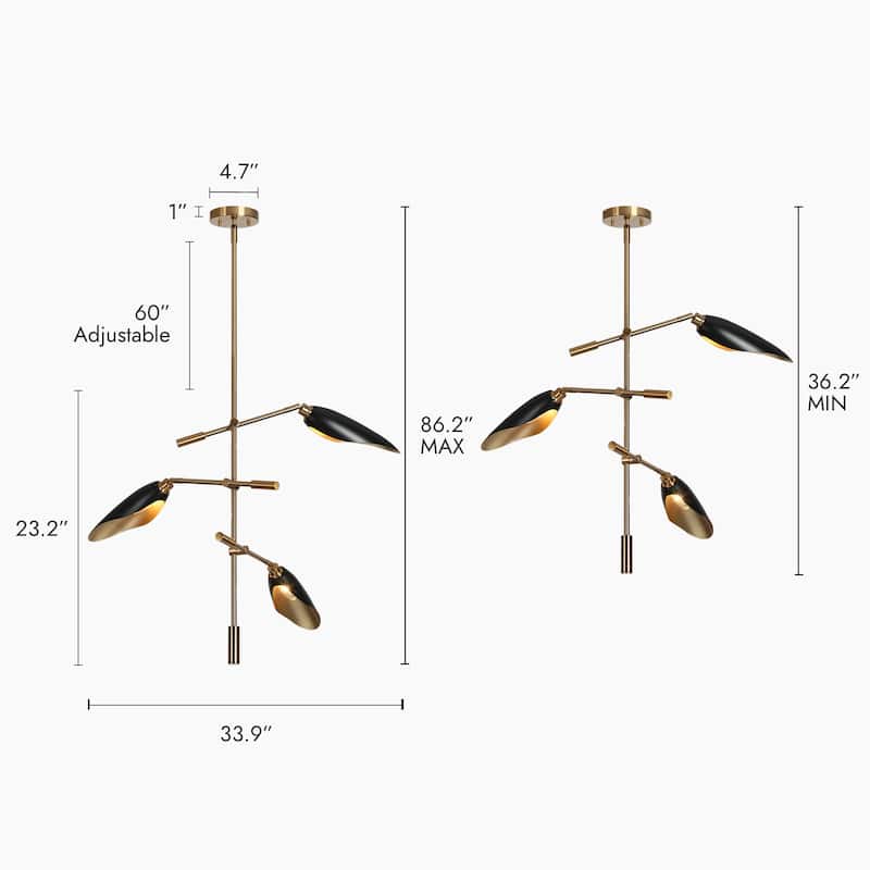 3-Light Unique Modern Black Gold Chandelier Metal Island Pendant Light for Dining Room - D 33.8" x H 23.2"