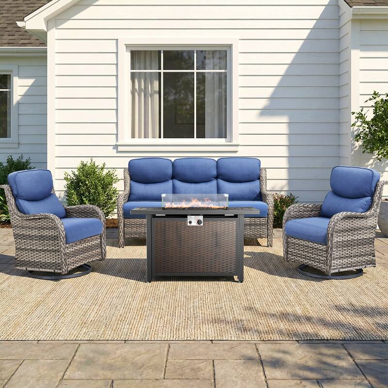 Pocassy 4/5 Piece Patio Sofa Furniture Set with 43" Fire Pit Table - Gray Wicker Blue Cushion - 4-Piece Sofa Swivel Chair w/ Fie Pit Table